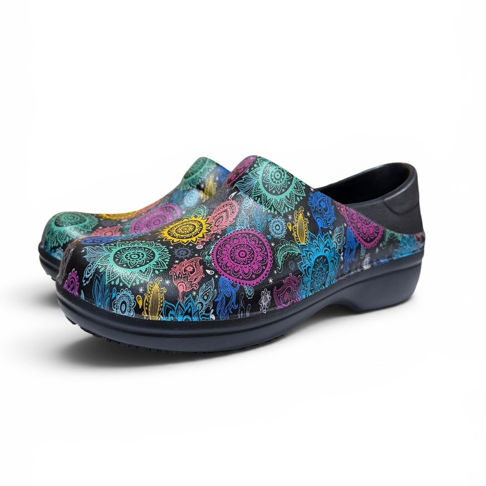 Crocs Neria Pro II Women 10‎ Black Mandala Floral Slip Resistant Work Clog Shoe